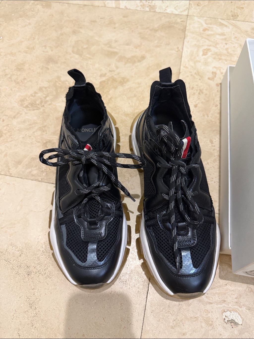 Moncler Black Mesh & Leather Chunky Sneakers With Red Tab Accent